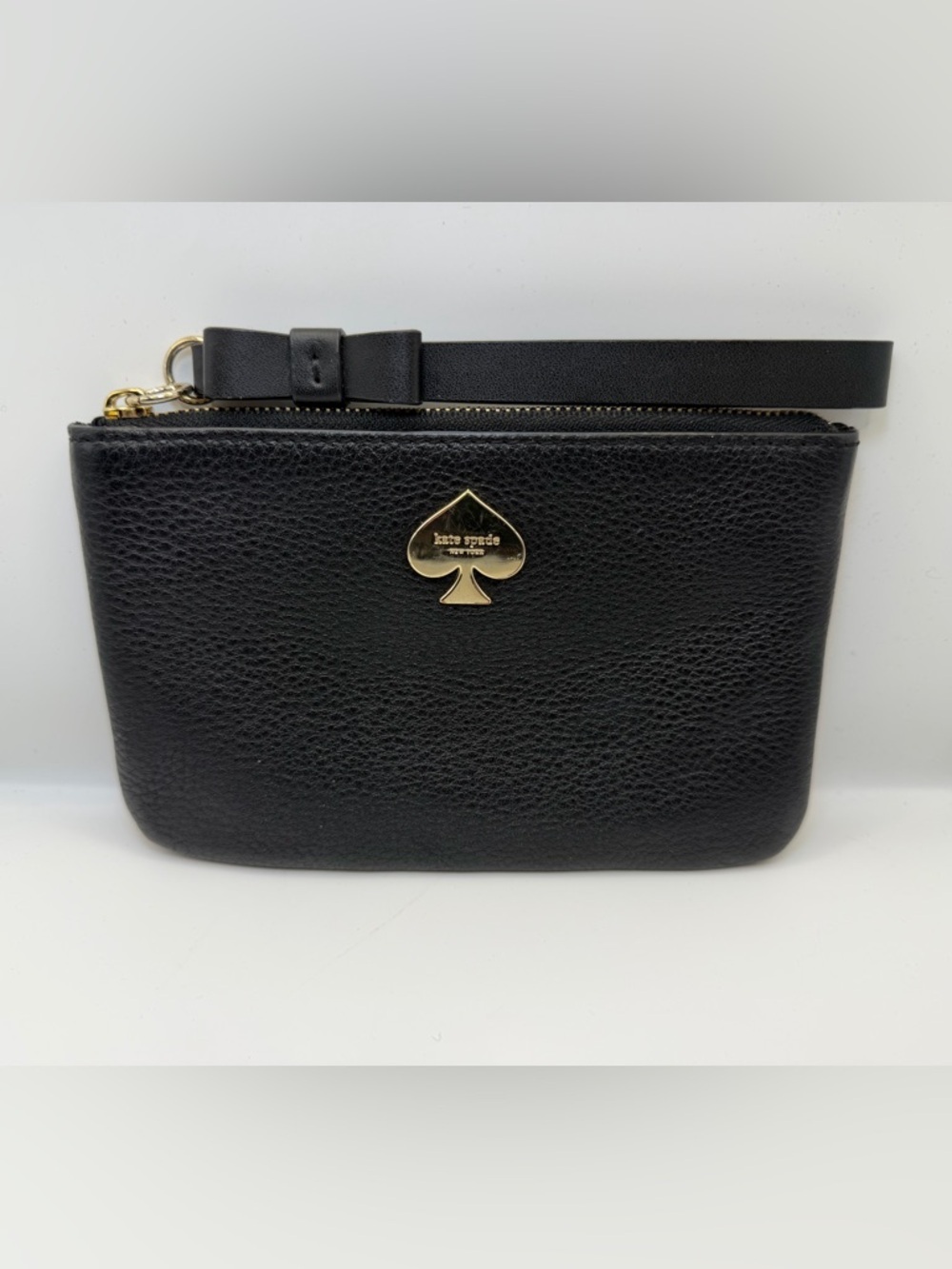 Kate Spade Black Leather Wristlet Bow Strap Gold Spade Logo  GUC
